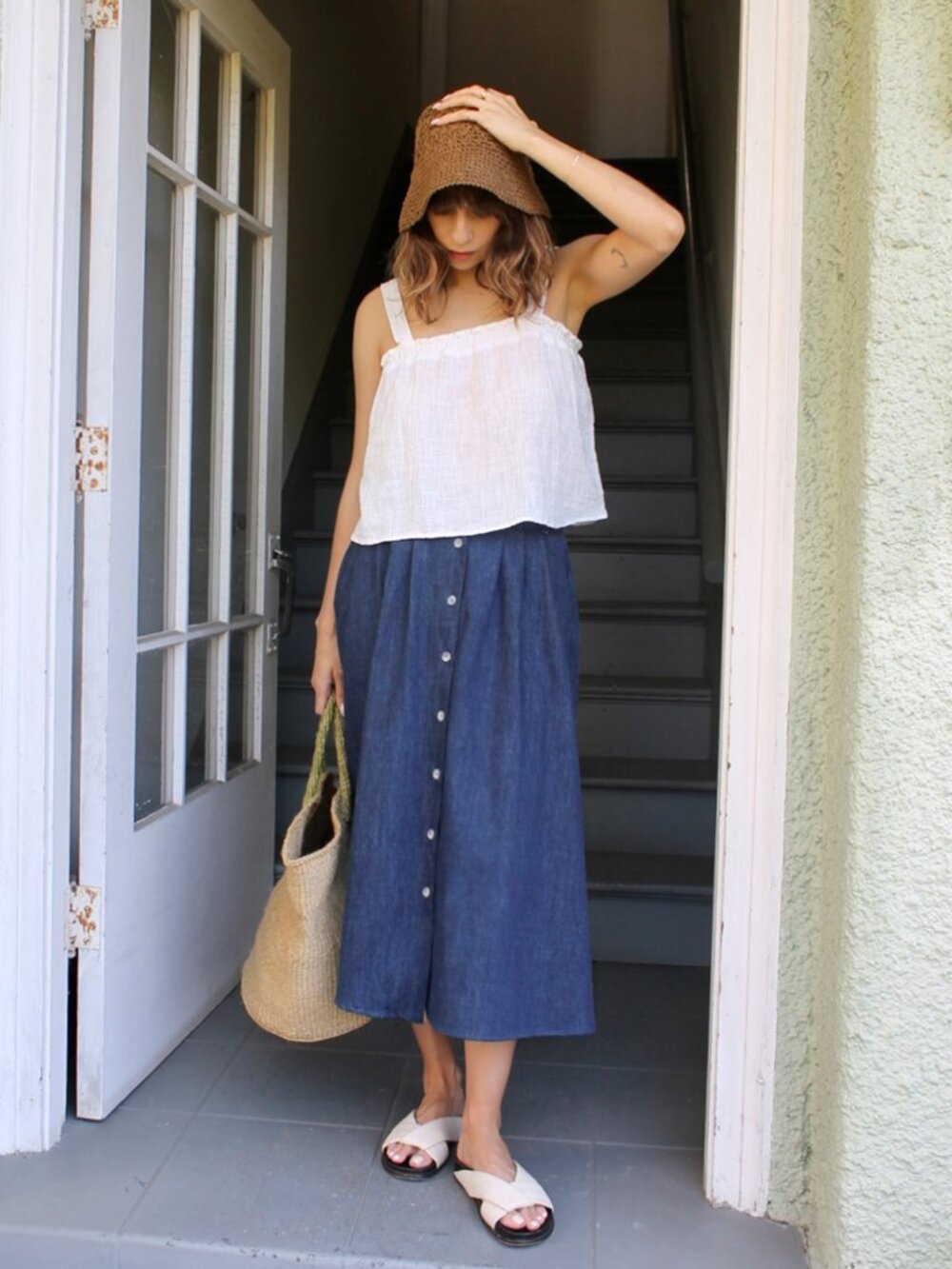 Curator SF Bonnie Skirt | Organic Denim Button Front Midi | Small